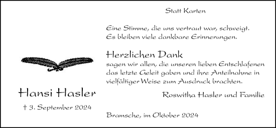 Traueranzeige von Hansi Hasler von Neue Osnabrücker Zeitung GmbH & Co. KG