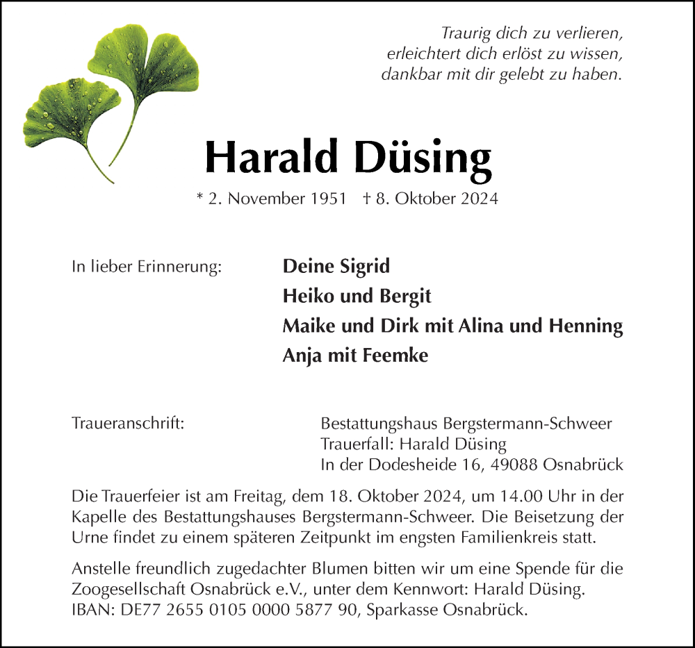  Traueranzeige für Harald Düsing vom 12.10.2024 aus Neue Osnabrücker Zeitung GmbH & Co. KG