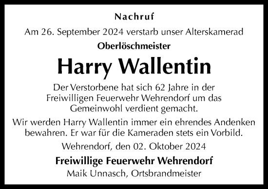 Traueranzeige von Harry Wallentin von Neue Osnabrücker Zeitung GmbH & Co. KG