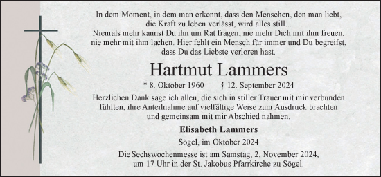 Traueranzeige von Hartmut Lammers von Neue Osnabrücker Zeitung GmbH & Co. KG