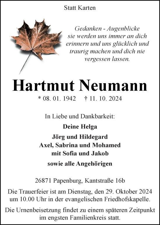 Traueranzeige von Hartmut Neumann von Neue Osnabrücker Zeitung GmbH & Co. KG