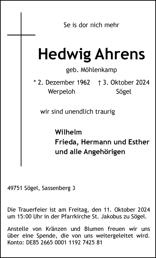 Traueranzeige von Hedwig Ahrens von Neue Osnabrücker Zeitung GmbH & Co. KG