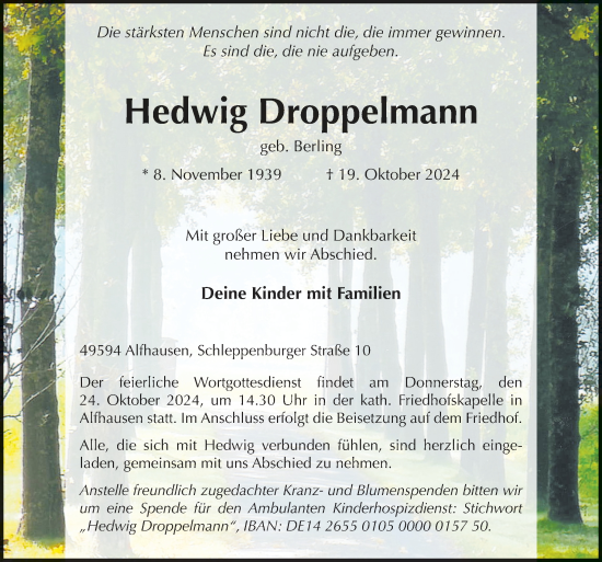 Traueranzeige von Hedwig Droppelmann von Neue Osnabrücker Zeitung GmbH &amp; Co. KG