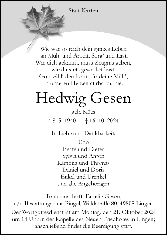 Traueranzeige von Hedwig Gesen von Neue Osnabrücker Zeitung GmbH & Co. KG