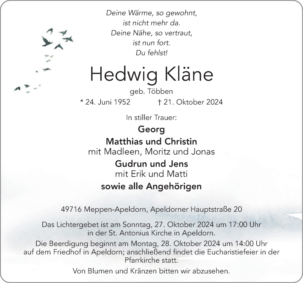  Traueranzeige für Hedwig Kläne vom 24.10.2024 aus Neue Osnabrücker Zeitung GmbH & Co. KG