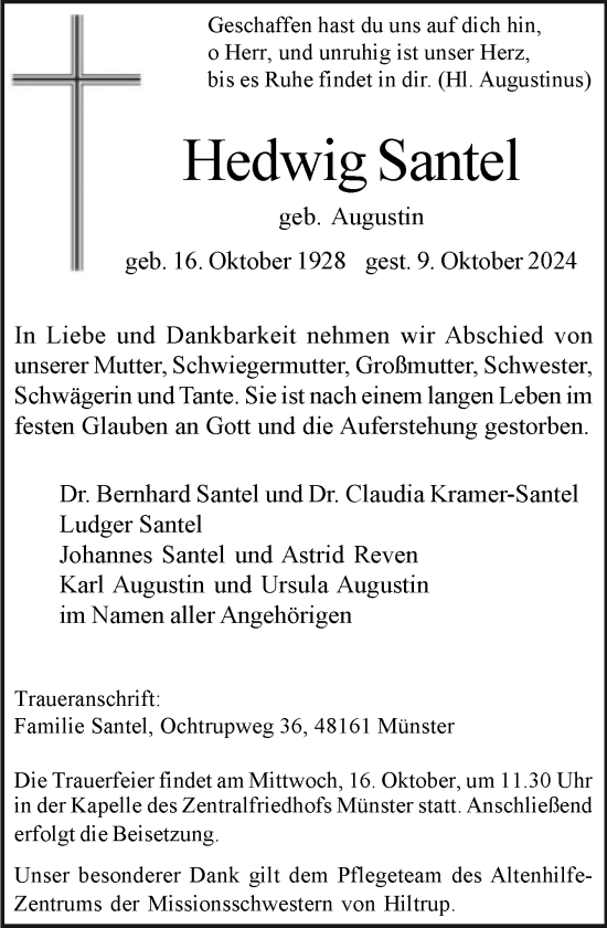 Traueranzeige von Hedwig Santel von Neue Osnabrücker Zeitung GmbH & Co. KG