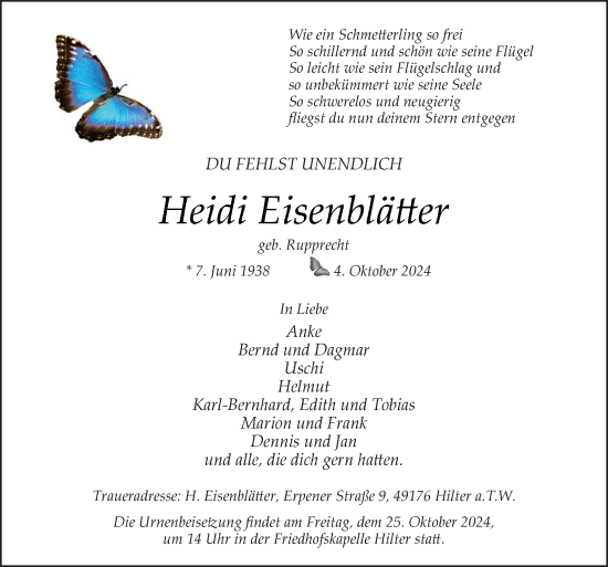 Traueranzeige von Heidi Eisenblätter von Neue Osnabrücker Zeitung GmbH & Co. KG