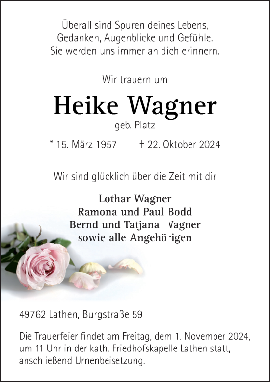 Traueranzeige von Heike Wagner von Neue Osnabrücker Zeitung GmbH & Co. KG