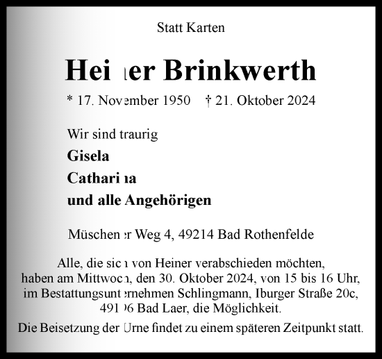 Traueranzeige von Heiner Brinkwerth von Neue Osnabrücker Zeitung GmbH & Co. KG