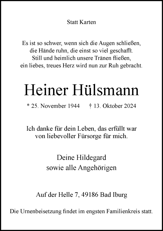 Traueranzeige von Heiner Hülsmann von Neue Osnabrücker Zeitung GmbH & Co. KG