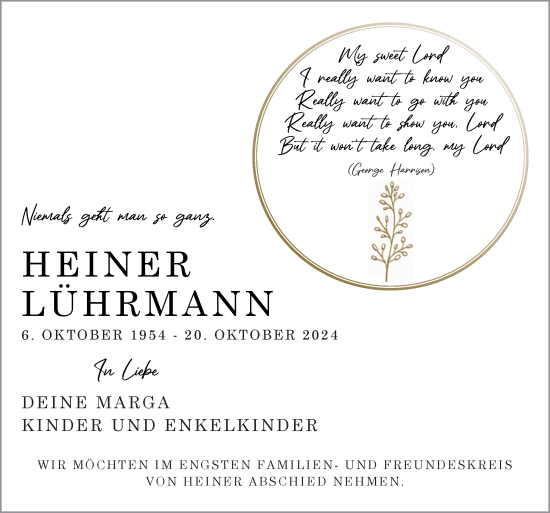 Traueranzeige von Heiner Lührmann von Neue Osnabrücker Zeitung GmbH & Co. KG