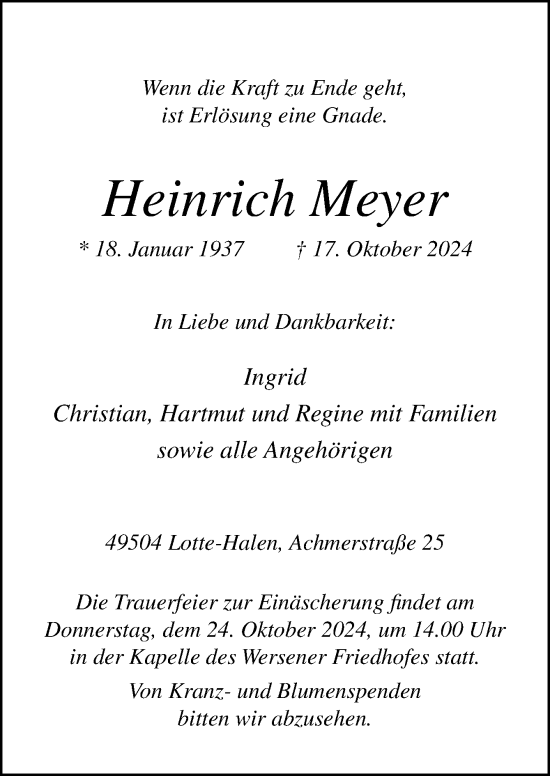 Traueranzeige von Heinrich Meyer von Neue Osnabrücker Zeitung GmbH & Co. KG