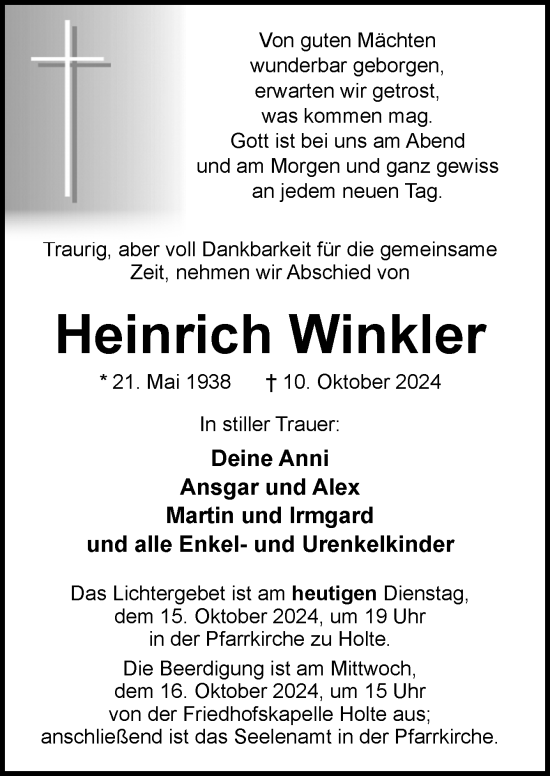 Traueranzeige von Heinrich Winkler von Neue Osnabrücker Zeitung GmbH & Co. KG