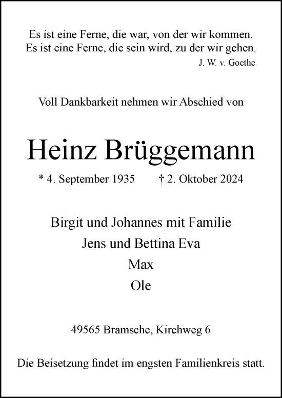 Traueranzeige von Heinz Brüggemann von Neue Osnabrücker Zeitung GmbH & Co. KG