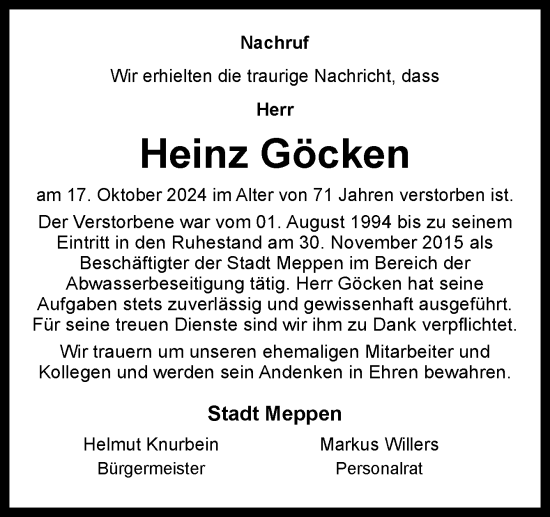 Traueranzeige von Heinz Göcken von Neue Osnabrücker Zeitung GmbH & Co. KG