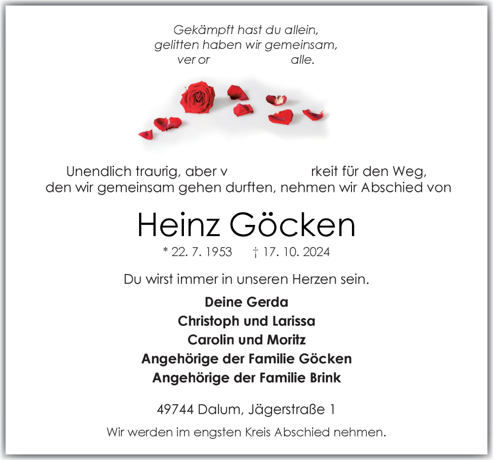  Traueranzeige für Heinz Göcken vom 23.10.2024 aus Neue Osnabrücker Zeitung GmbH & Co. KG