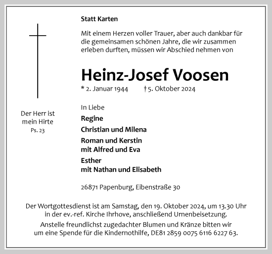 Traueranzeige von Heinz-Josef Voosen von Neue Osnabrücker Zeitung GmbH & Co. KG