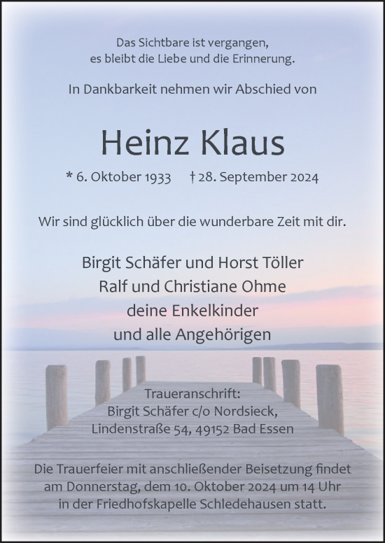 Traueranzeige von Heinz Klaus von Neue Osnabrücker Zeitung GmbH & Co. KG