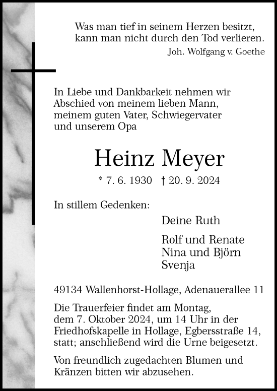 Traueranzeige von Heinz Meyer von Neue Osnabrücker Zeitung GmbH & Co. KG