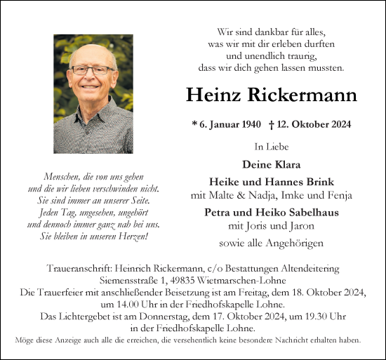 Traueranzeige von Heinz Rickermann von Neue Osnabrücker Zeitung GmbH & Co. KG