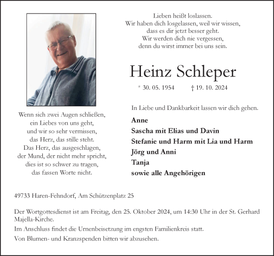 Traueranzeige von Heinz Schleper von Neue Osnabrücker Zeitung GmbH & Co. KG