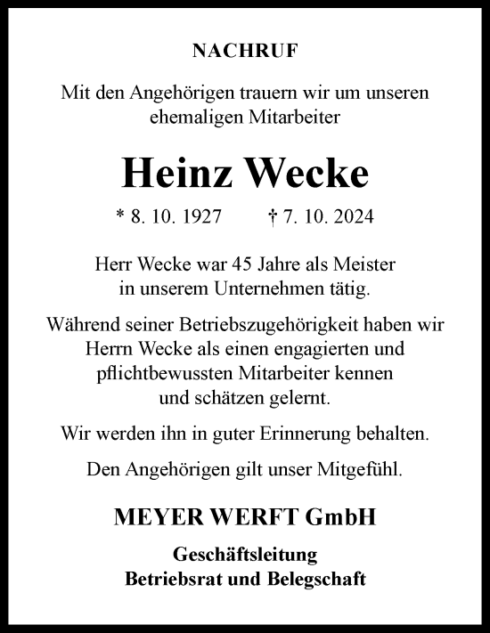 Traueranzeige von Heinz Wecke von Neue Osnabrücker Zeitung GmbH & Co. KG