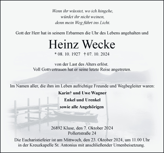 Traueranzeige von Heinz Wecke von Neue Osnabrücker Zeitung GmbH & Co. KG