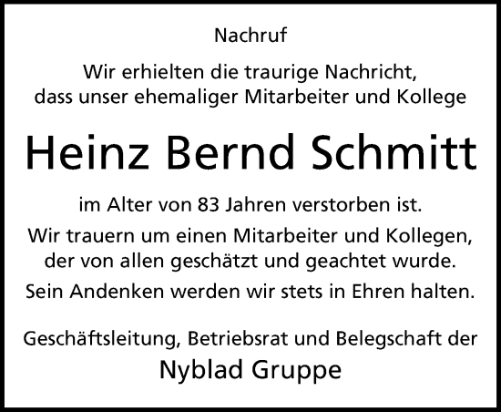 Traueranzeige von Heinz Bernd Schmitt von Neue Osnabrücker Zeitung GmbH & Co. KG