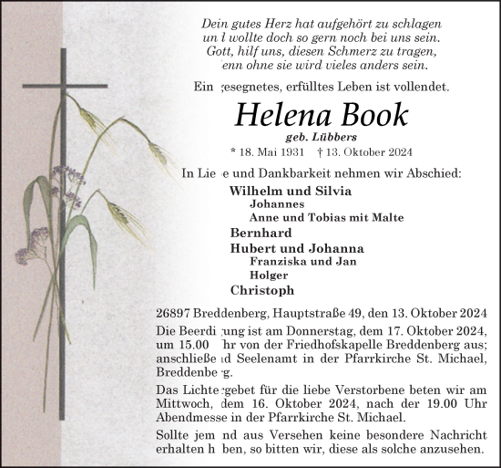 Traueranzeige von Helena Book von Neue Osnabrücker Zeitung GmbH & Co. KG