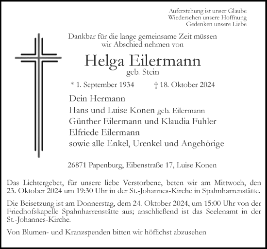 Traueranzeige von Helga Eilermann von Neue Osnabrücker Zeitung GmbH & Co. KG