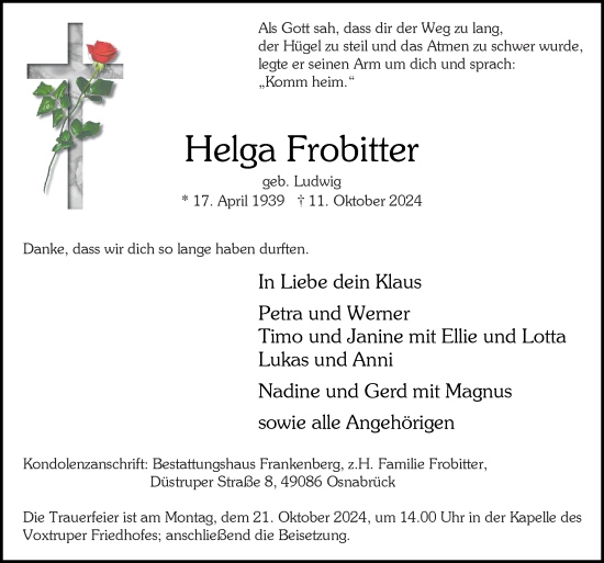 Traueranzeige von Helga Frobitter von Neue Osnabrücker Zeitung GmbH & Co. KG