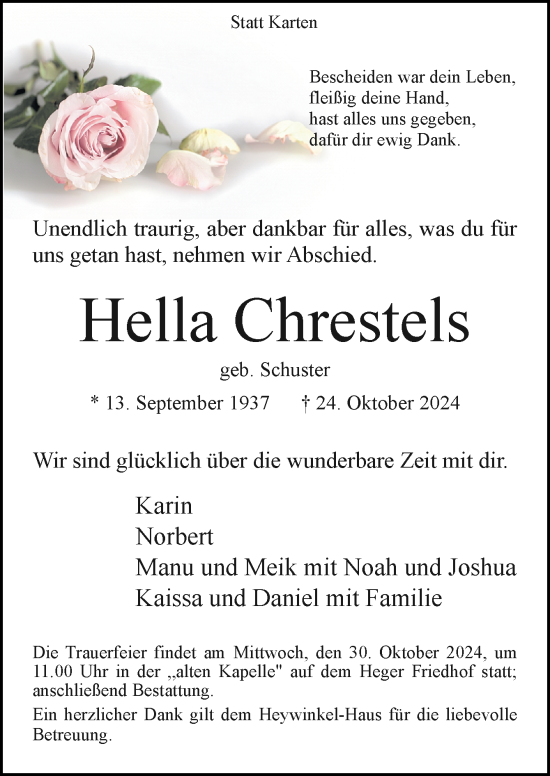 Traueranzeige von Hella Chrestels von Neue Osnabrücker Zeitung GmbH &amp; Co. KG