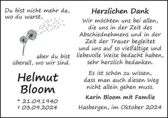 Traueranzeige von Helmut Bloom von Neue Osnabrücker Zeitung GmbH & Co. KG