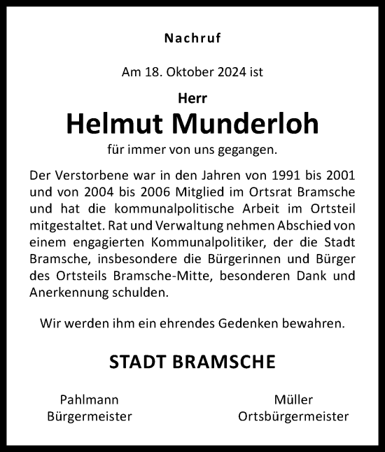 Traueranzeige von Helmut Munderloh von Neue Osnabrücker Zeitung GmbH & Co. KG