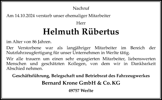 Traueranzeige von Helmuth Rübertus von Neue Osnabrücker Zeitung GmbH & Co. KG