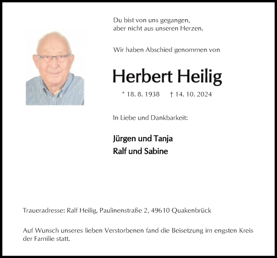 Traueranzeige von Herbert Heilig von Neue Osnabrücker Zeitung GmbH & Co. KG