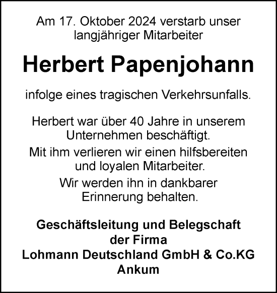 Traueranzeige von Herbert Papenjohann von Neue Osnabrücker Zeitung GmbH & Co. KG