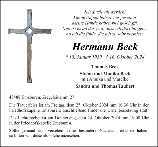 Traueranzeige von Hermann Beck von Neue Osnabrücker Zeitung GmbH & Co. KG