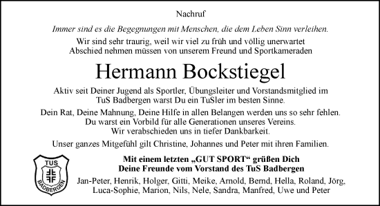 Traueranzeige von Hermann Bockstiegel von Neue Osnabrücker Zeitung GmbH & Co. KG