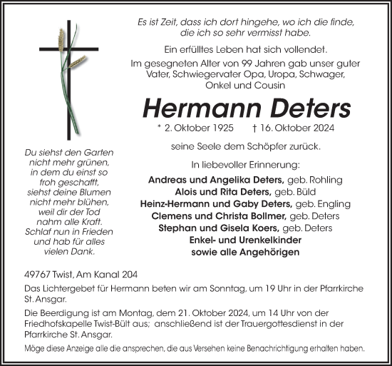 Traueranzeige von Hermann Deters von Neue Osnabrücker Zeitung GmbH & Co. KG