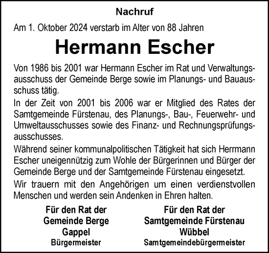 Traueranzeige von Hermann Escher von Neue Osnabrücker Zeitung GmbH & Co. KG