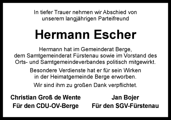 Traueranzeige von Hermann Escher von Neue Osnabrücker Zeitung GmbH & Co. KG