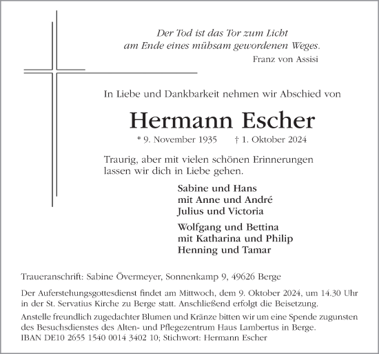 Traueranzeige von Hermann Escher von Neue Osnabrücker Zeitung GmbH & Co. KG