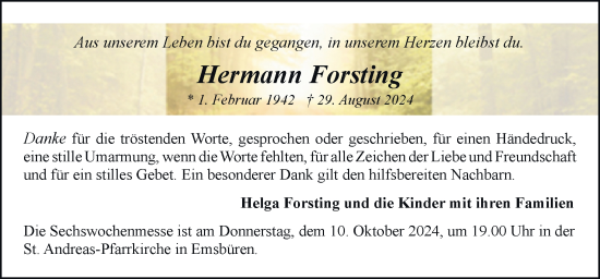 Traueranzeige von Hermann Forsting von Neue Osnabrücker Zeitung GmbH & Co. KG