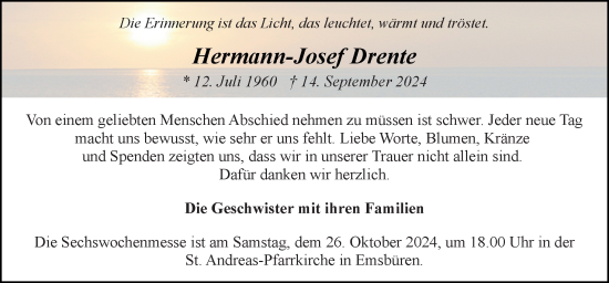 Traueranzeige von Hermann-Josef Drente von Neue Osnabrücker Zeitung GmbH & Co. KG