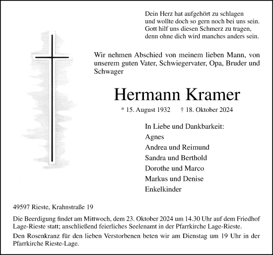 Traueranzeige von Hermann Kramer von Neue Osnabrücker Zeitung GmbH &amp; Co. KG