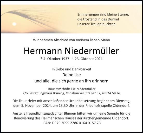 Traueranzeige von Hermann Niedermüller von Neue Osnabrücker Zeitung GmbH & Co. KG