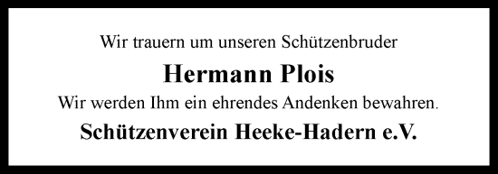 Traueranzeige von Hermann Plois von Neue Osnabrücker Zeitung GmbH & Co. KG