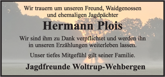 Traueranzeige von Hermann Plois von Neue Osnabrücker Zeitung GmbH & Co. KG