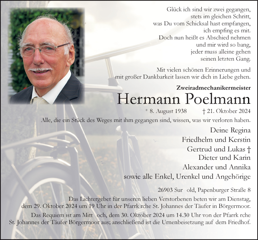  Traueranzeige für Hermann Poelmann vom 26.10.2024 aus Neue Osnabrücker Zeitung GmbH & Co. KG